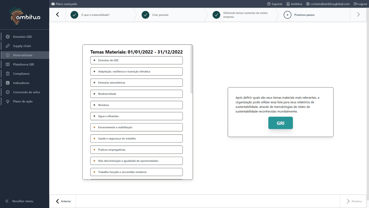 Interface do software de sustentabilidade Ambitus com a explicação de como utilizar as normas GRI no módulo de dados ESG