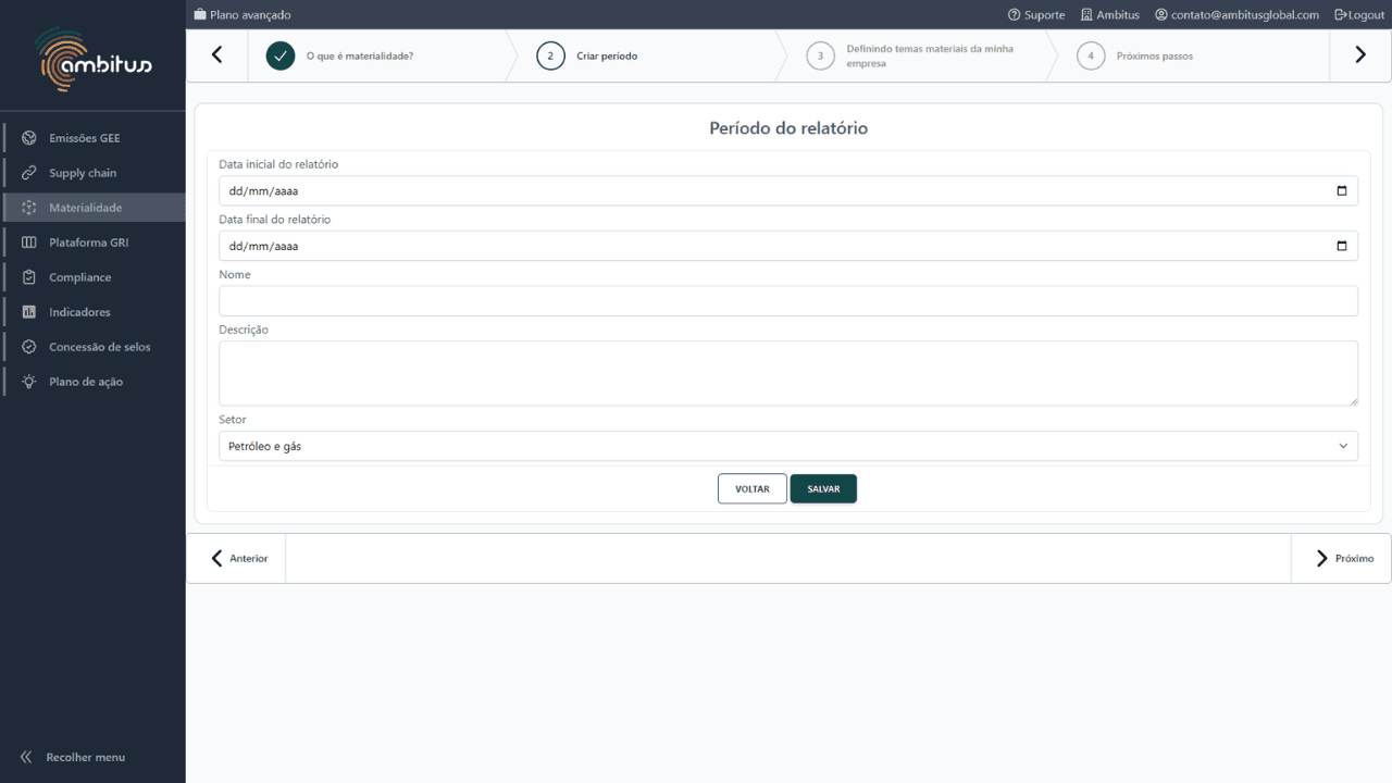 Interface do software de sustentabilidade Ambitus para registro do período do relatório de sustentabilidade