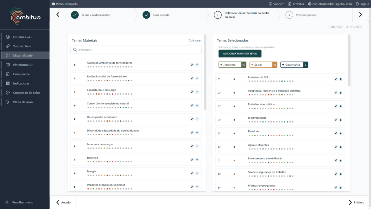 Interface do software de sustentabilidade Ambitus selecionar, adicionar e priorizar os temas materiais