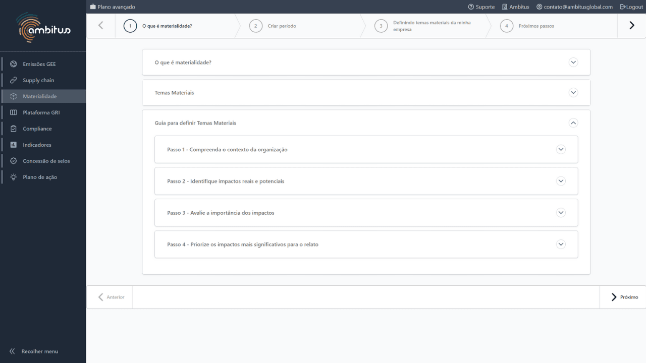 Interface do software de sustentabilidade Ambitus mostrando o passo a passo para guiar a definição de temas materiais