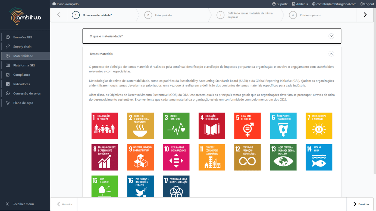 Interface do software de sustentabilidade Ambitus com a explicação das ODS da ONU no módulo de materialidade