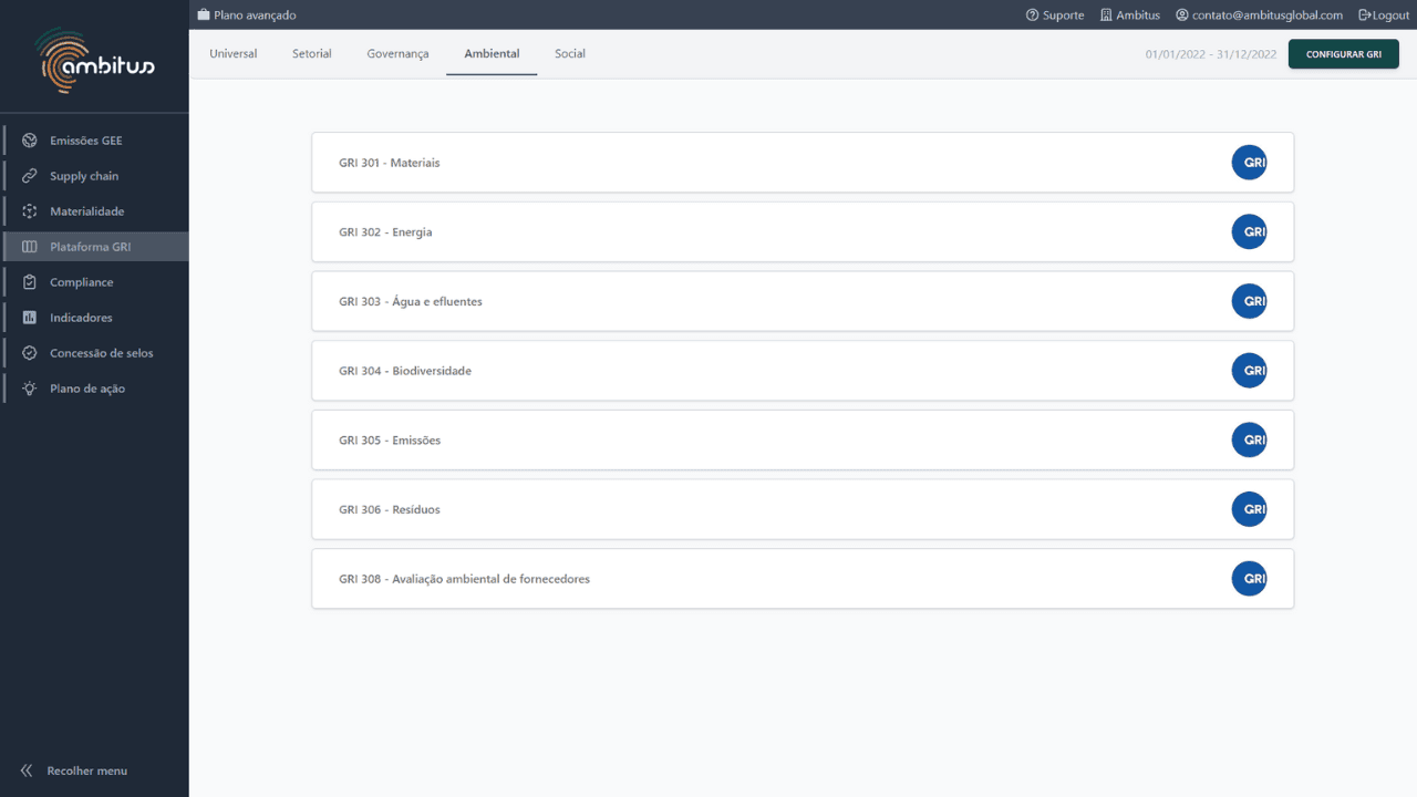 Interface do módulo de plataforma GRI do software de sustentabilidade Ambitus norma ambiental gri