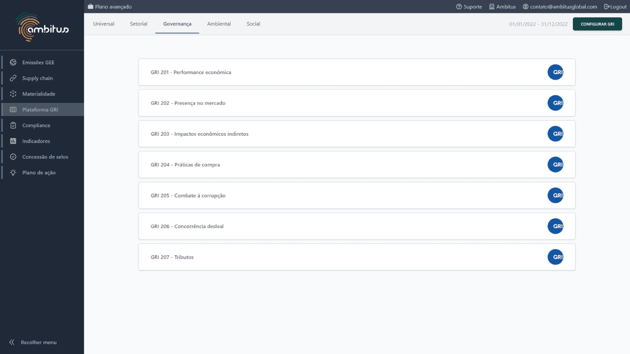 Interface do módulo de plataforma GRI do software de sustentabilidade Ambitus norma governança gri