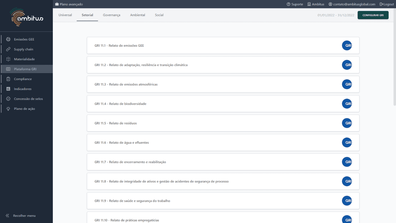 Interface do módulo de plataforma GRI do software de sustentabilidade Ambitus norma setorial gri