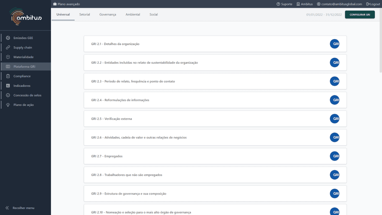 Interface do módulo de plataforma GRI do software de sustentabilidade Ambitus norma universal gri